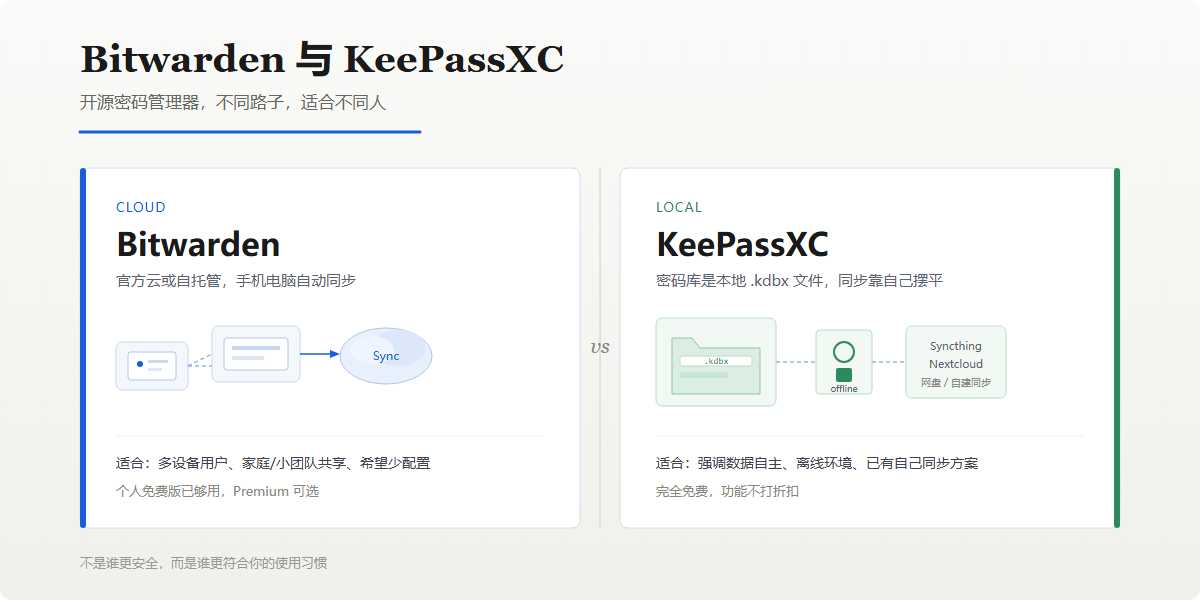 Bitwarden与KeePassXC对比：开源密码管理器怎么选？